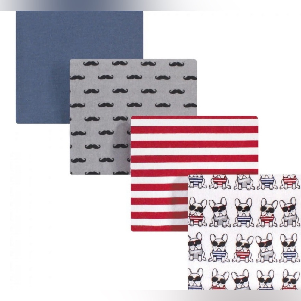 Hudson Baby Boys 4 Pack Cotton Flannel French Dog Receiving Blankets To Swaddle